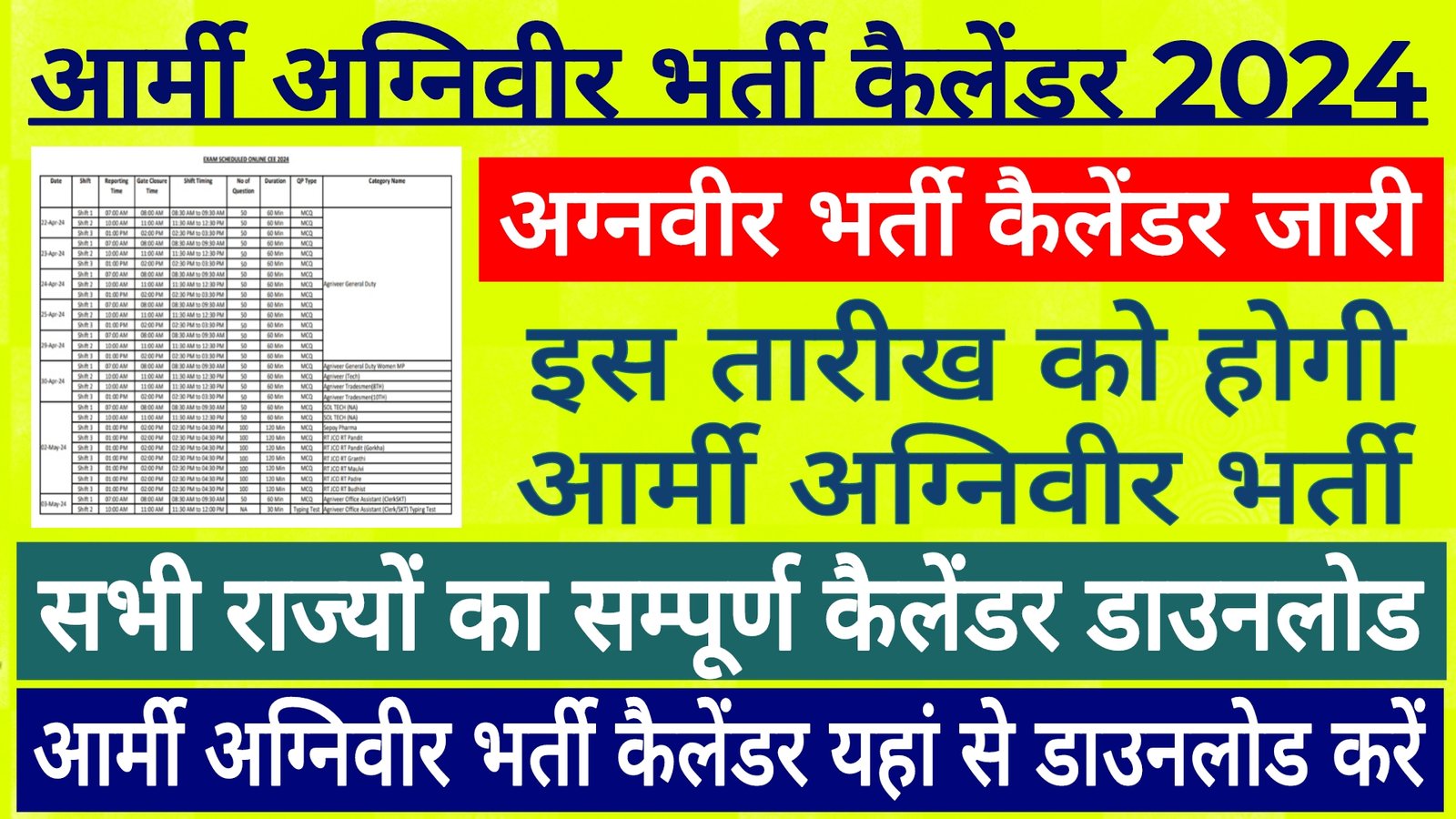 Army Agniveer Exam Schedule 2024, आर्मी अग्निवीर शेड्यूल 2024 जारी,यहां